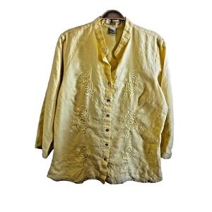Peter Martin Women's Yellow 100% Linen Embroidered Blouse‎ Pearl Buttons Size L